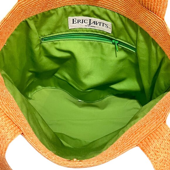 Eric Javits New York Orange Raffia Straw Tote Bag With Green Lining - Picture 2 of 10